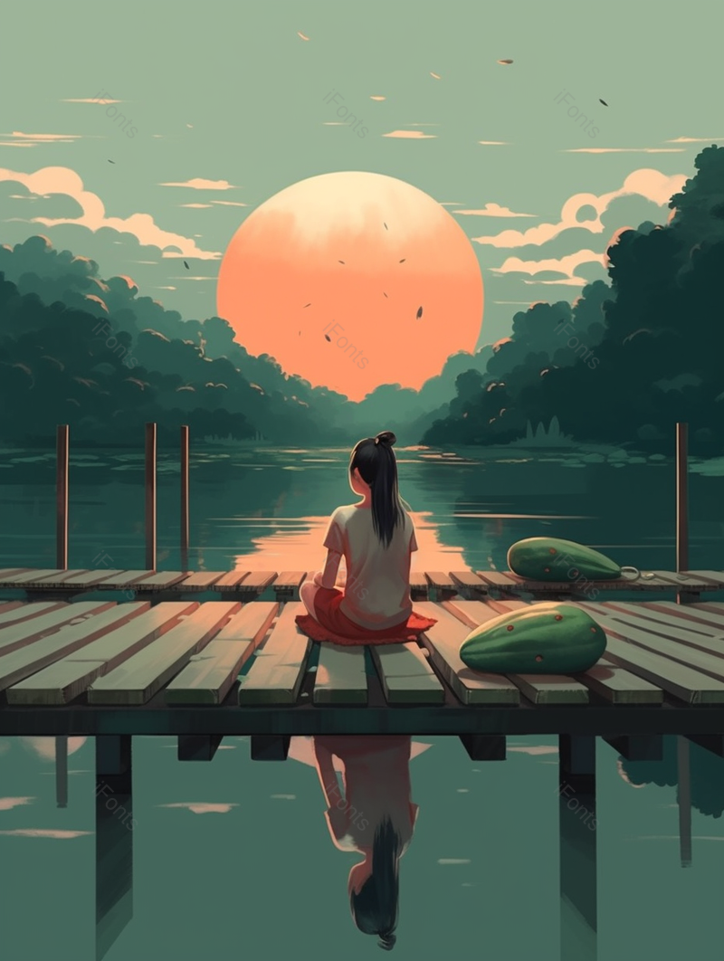 绿色夕阳西下池塘边坐着的少女插画,插画/手绘图,插画/手绘图库,插画/手绘图下载,插画/手绘